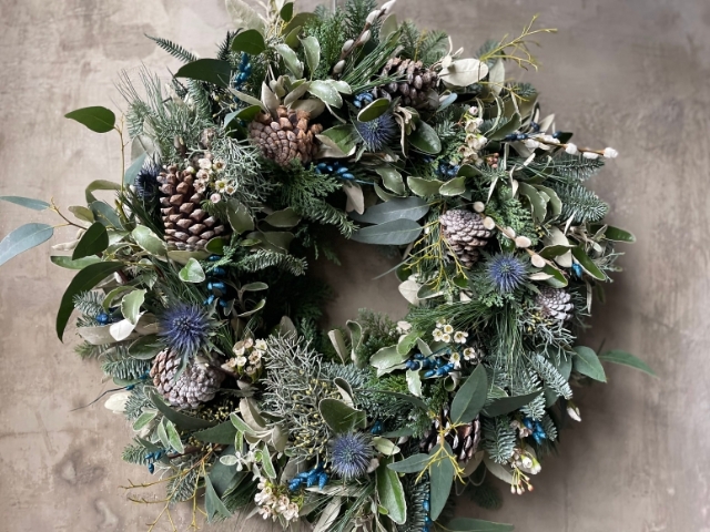 Blue Thistle and Eucalyptus Wreath